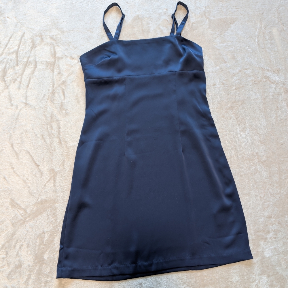 Urban Outfitters UO 90s Style Navy Blue Satin Mini Dress Keyhole Open Back Small - Picture 8 of 15